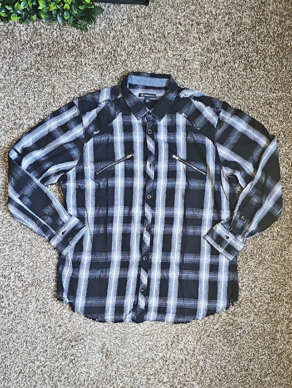 INC International Concepts Men's Plaid Button Down Shirt XL Raw Hem Edge Black